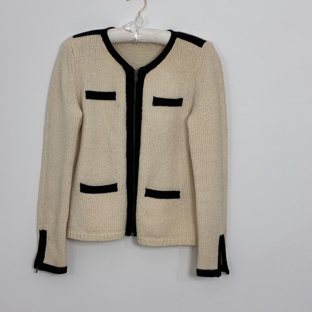Alice + Olivia Cardigan Cream Black Trim Old Money Chic Size M